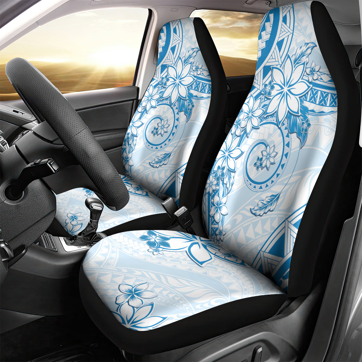 Polynesian Pattern With Plumeria Flowers Car Seat Cover Blue