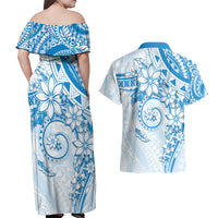Polynesian Pattern With Plumeria Flowers Couples Matching Off Shoulder Maxi Dress and Hawaiian Shirt Blue