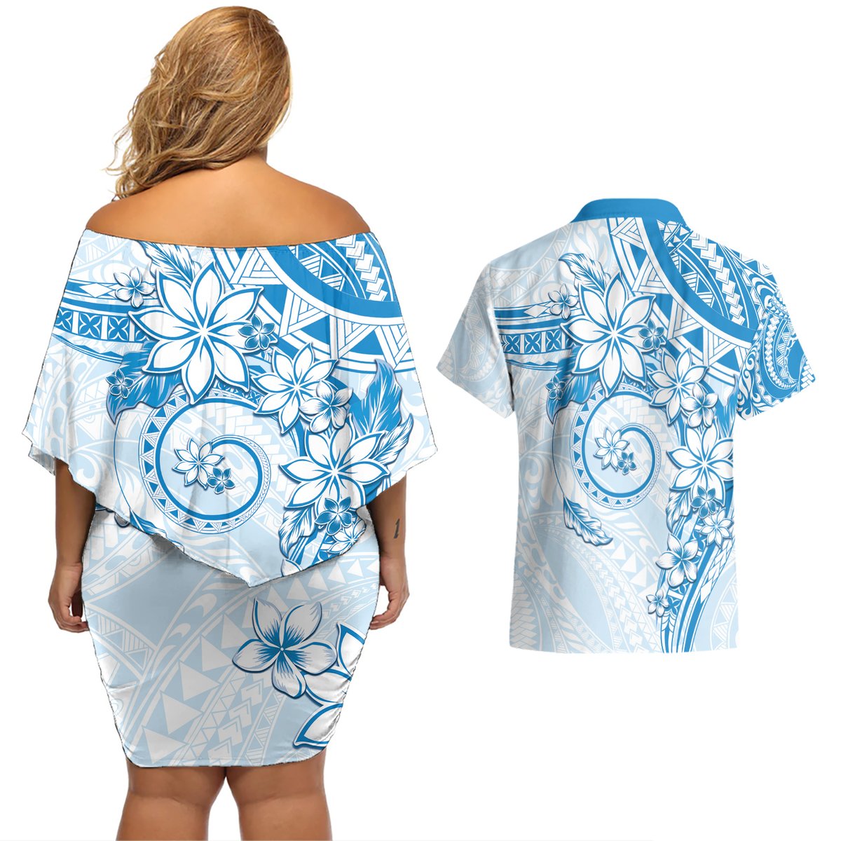 Polynesian Pattern With Plumeria Flowers Couples Matching Off Shoulder Short Dress and Hawaiian Shirt Blue