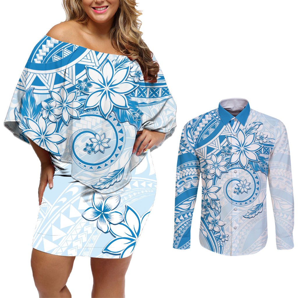 Polynesian Pattern With Plumeria Flowers Couples Matching Off Shoulder Short Dress and Long Sleeve Button Shirt Blue