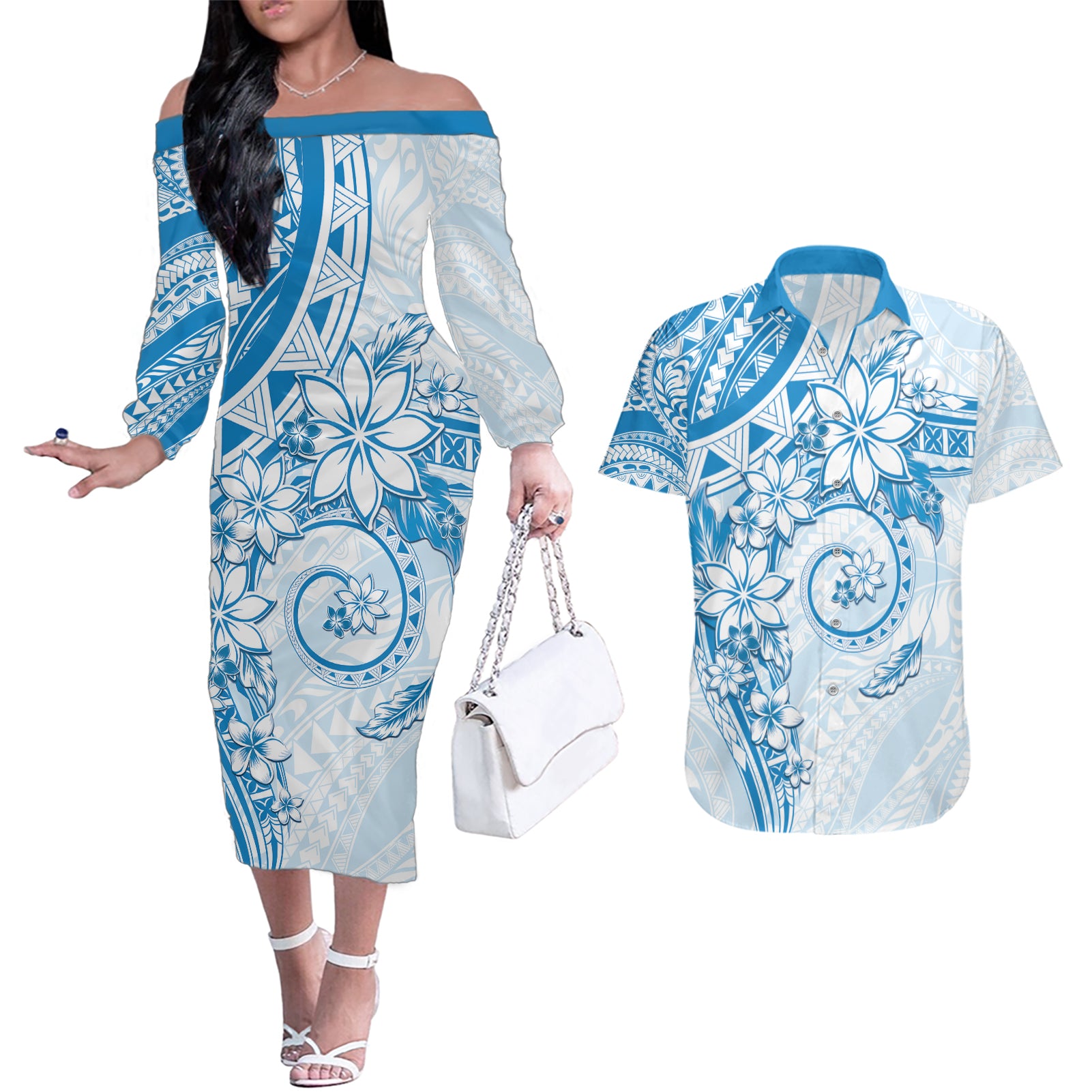 Polynesian Pattern With Plumeria Flowers Couples Matching Off The Shoulder Long Sleeve Dress and Hawaiian Shirt Blue