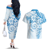 Polynesian Pattern With Plumeria Flowers Couples Matching Off The Shoulder Long Sleeve Dress and Hawaiian Shirt Blue
