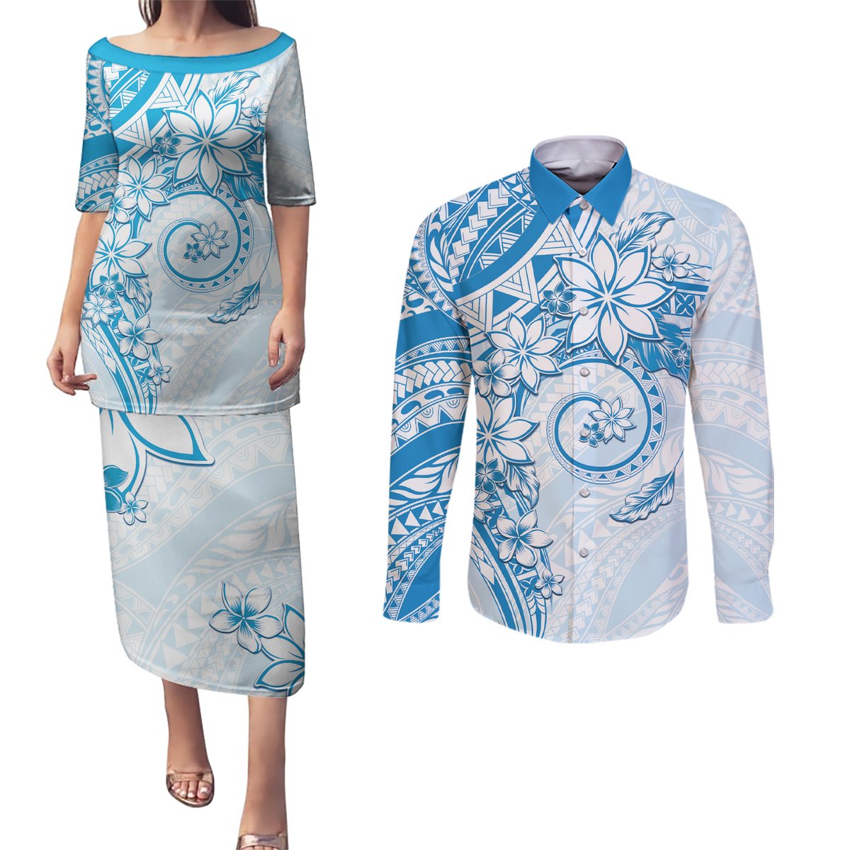 Polynesian Pattern With Plumeria Flowers Couples Matching Puletasi and Long Sleeve Button Shirt Blue