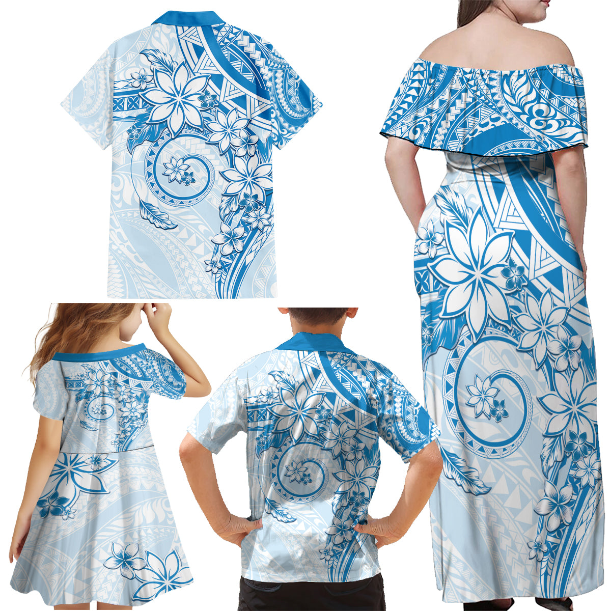 Polynesian Pattern With Plumeria Flowers Family Matching Off Shoulder Maxi Dress and Hawaiian Shirt Blue