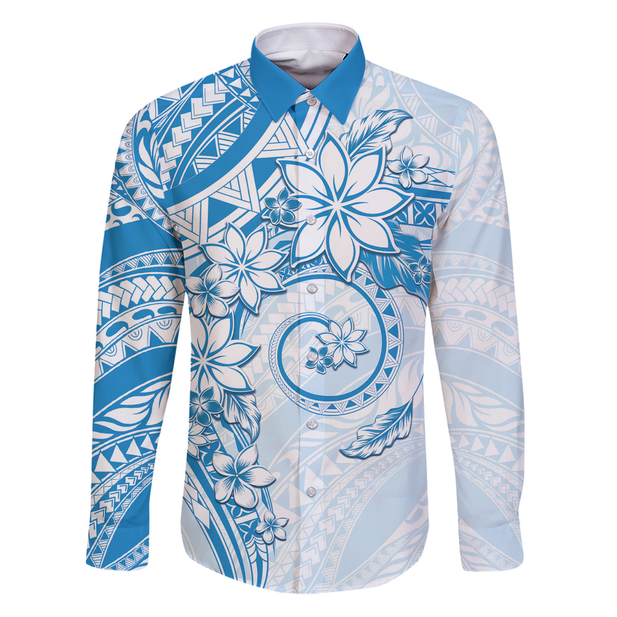 Polynesian Pattern With Plumeria Flowers Family Matching Puletasi and Hawaiian Shirt Blue