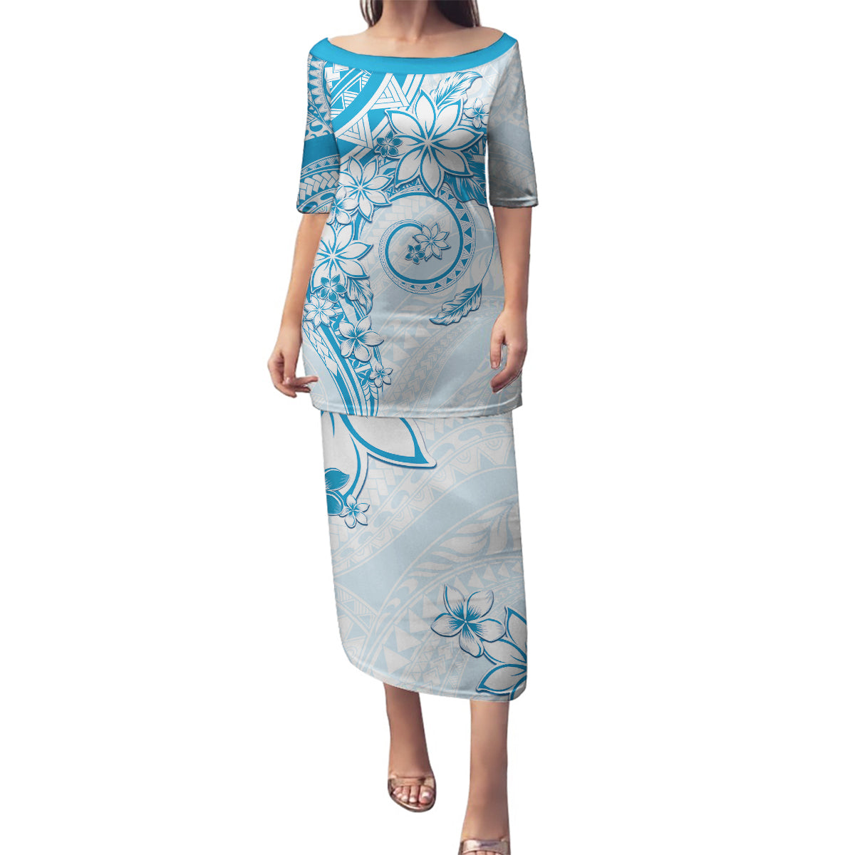 Polynesian Pattern With Plumeria Flowers Family Matching Puletasi and Hawaiian Shirt Blue