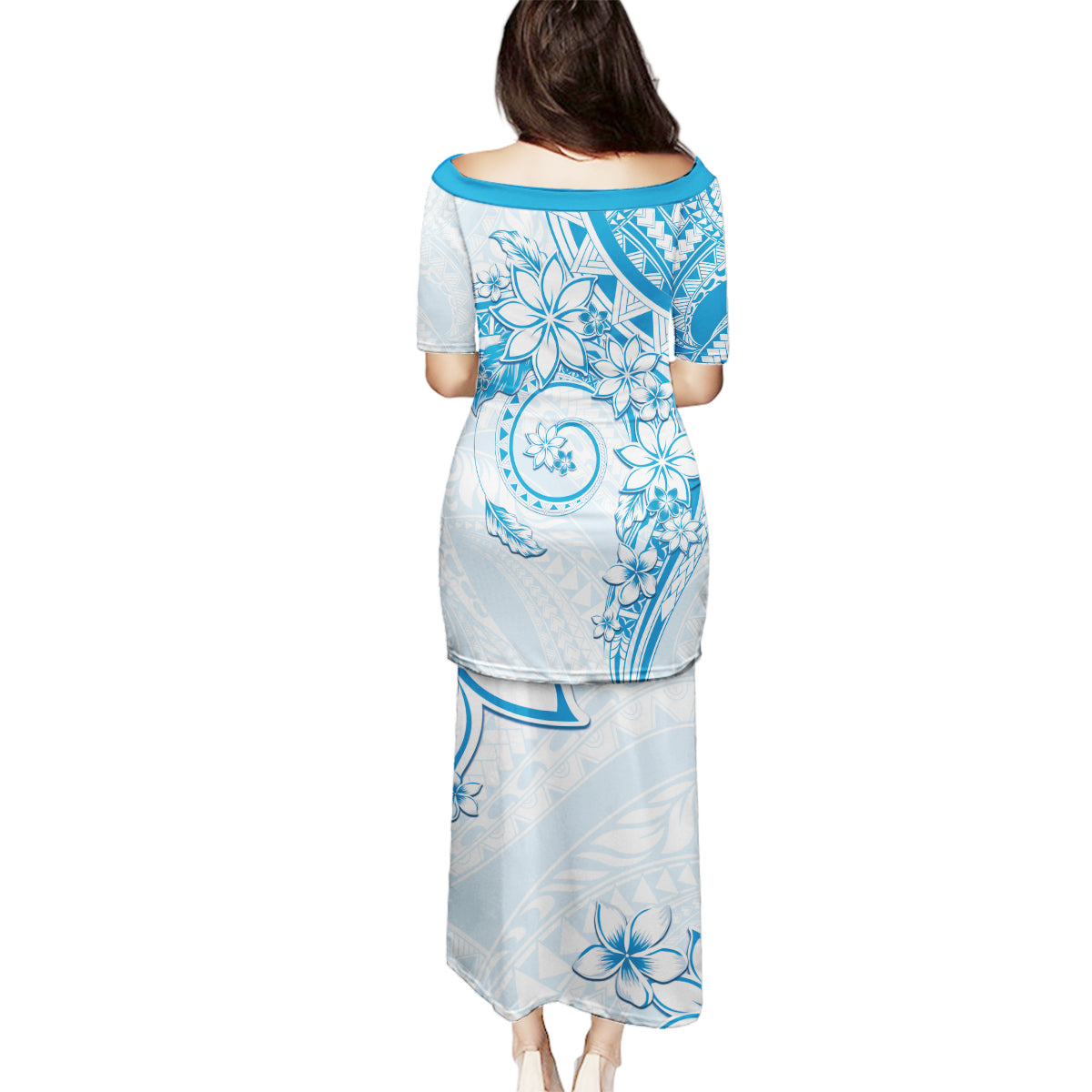 Polynesian Pattern With Plumeria Flowers Family Matching Puletasi and Hawaiian Shirt Blue