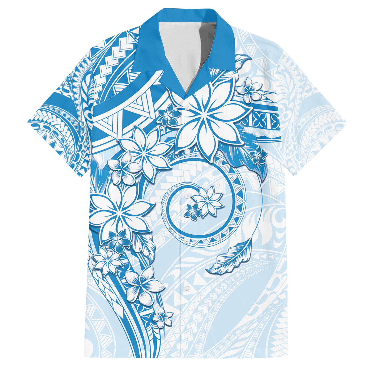 Polynesian Pattern With Plumeria Flowers Family Matching Tank Maxi Dress and Hawaiian Shirt Blue