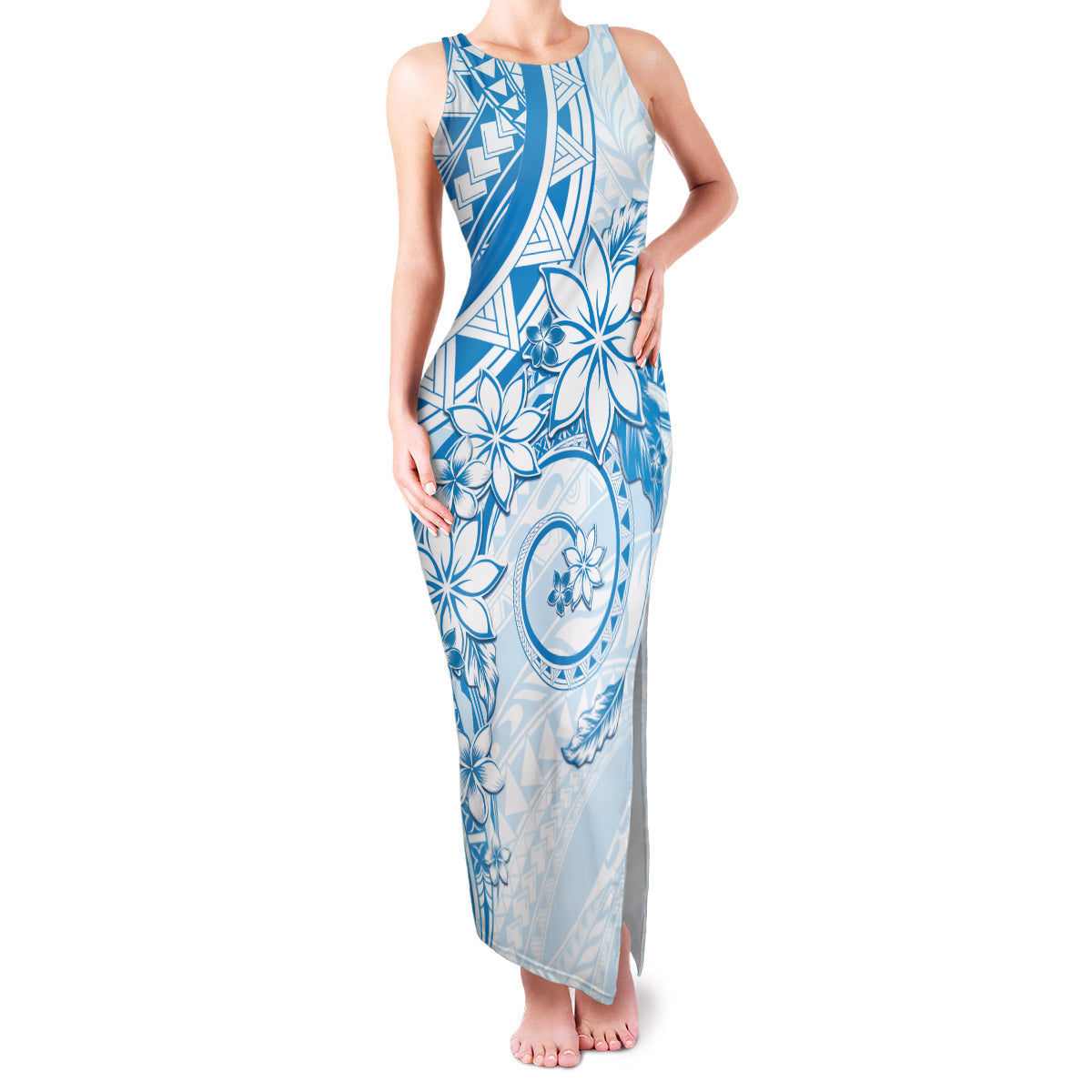 Polynesian Pattern With Plumeria Flowers Family Matching Tank Maxi Dress and Hawaiian Shirt Blue