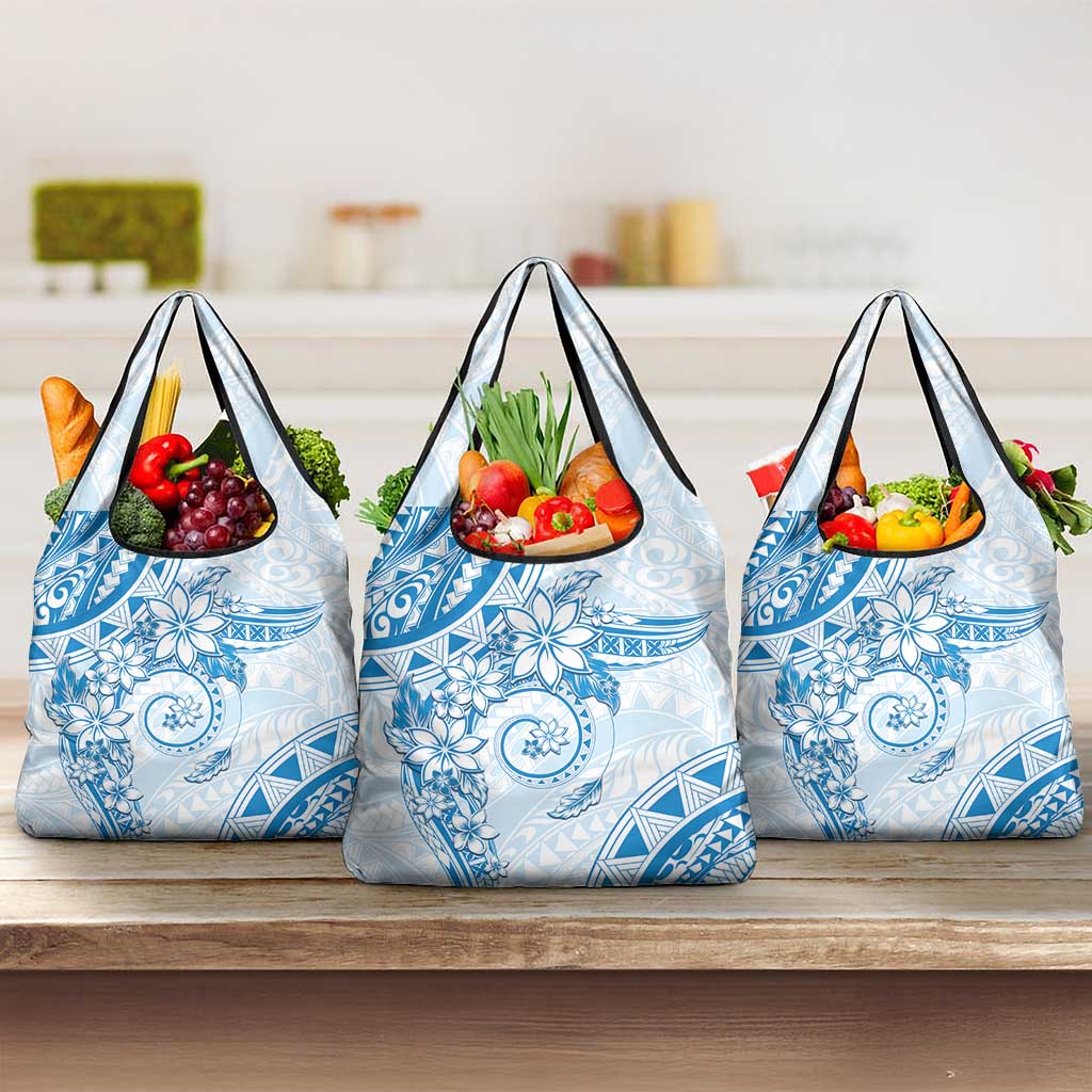 Polynesian Pattern With Plumeria Flowers Grocery Bag Blue