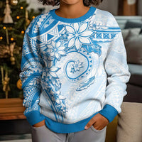 Polynesian Pattern With Plumeria Flowers Kid Ugly Christmas Sweater Blue