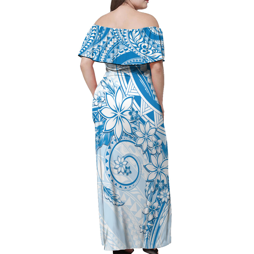 Polynesian Pattern With Plumeria Flowers Off Shoulder Maxi Dress Blue