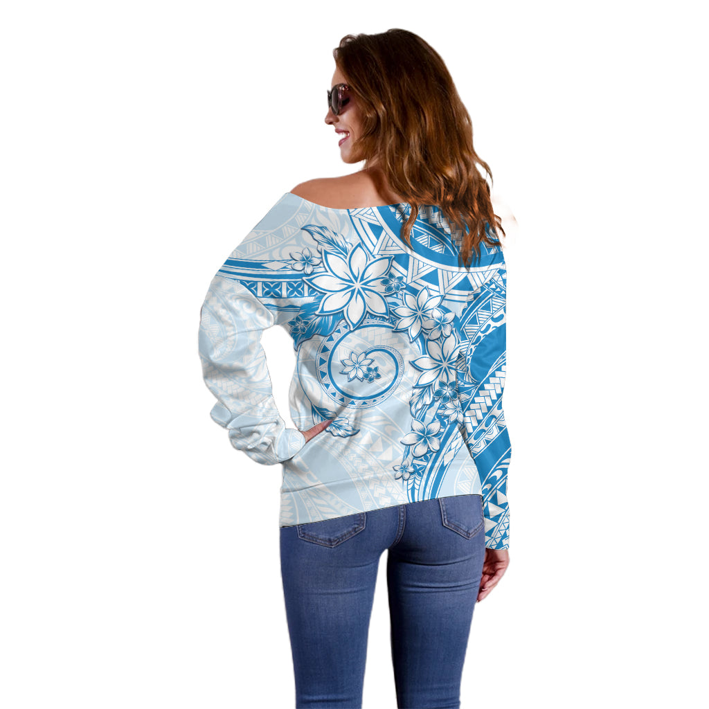 Polynesian Pattern With Plumeria Flowers Off Shoulder Sweater Blue