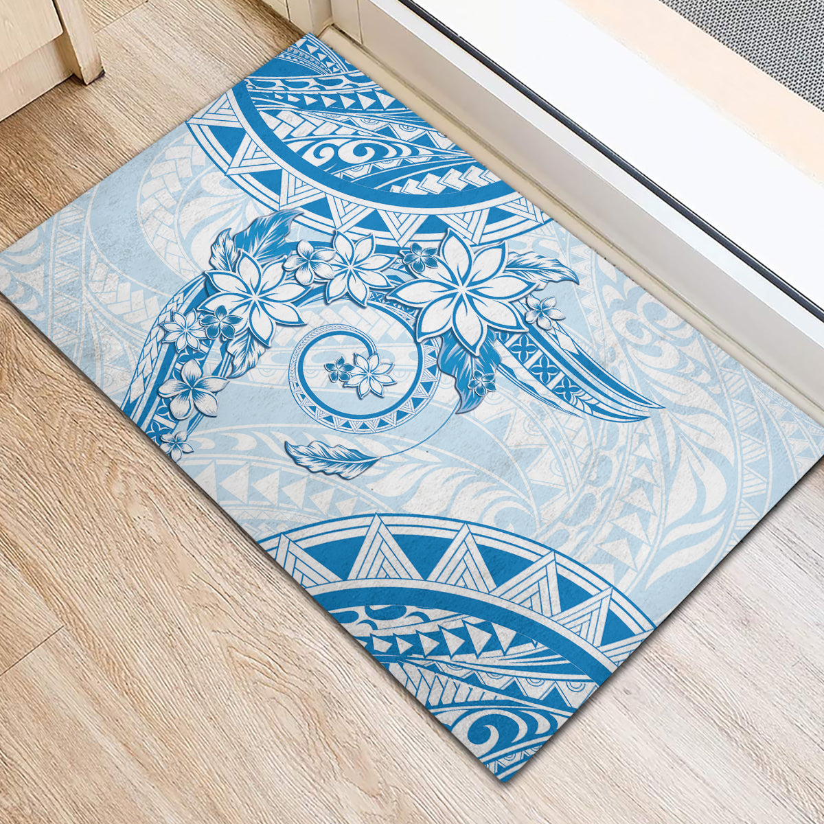 Polynesian Pattern With Plumeria Flowers Rubber Doormat Blue