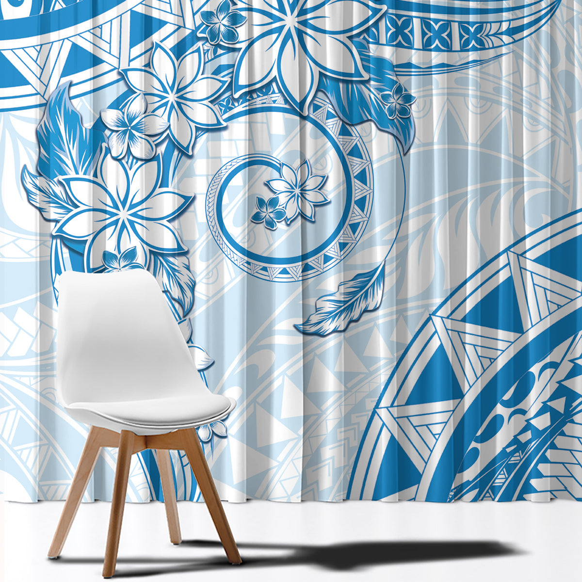 Polynesian Pattern With Plumeria Flowers Window Curtain Blue