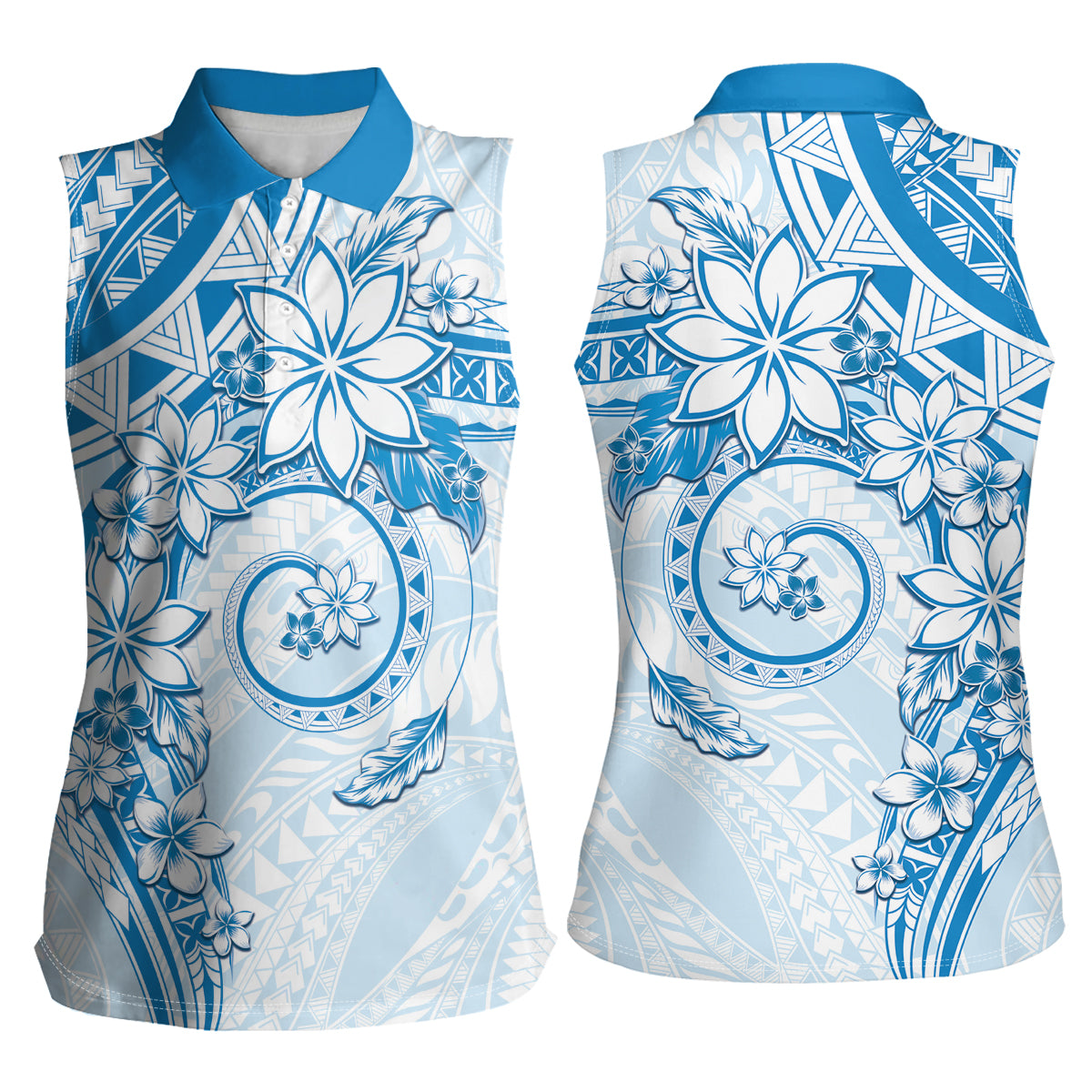 Polynesian Pattern With Plumeria Flowers Women Sleeveless Polo Shirt Blue