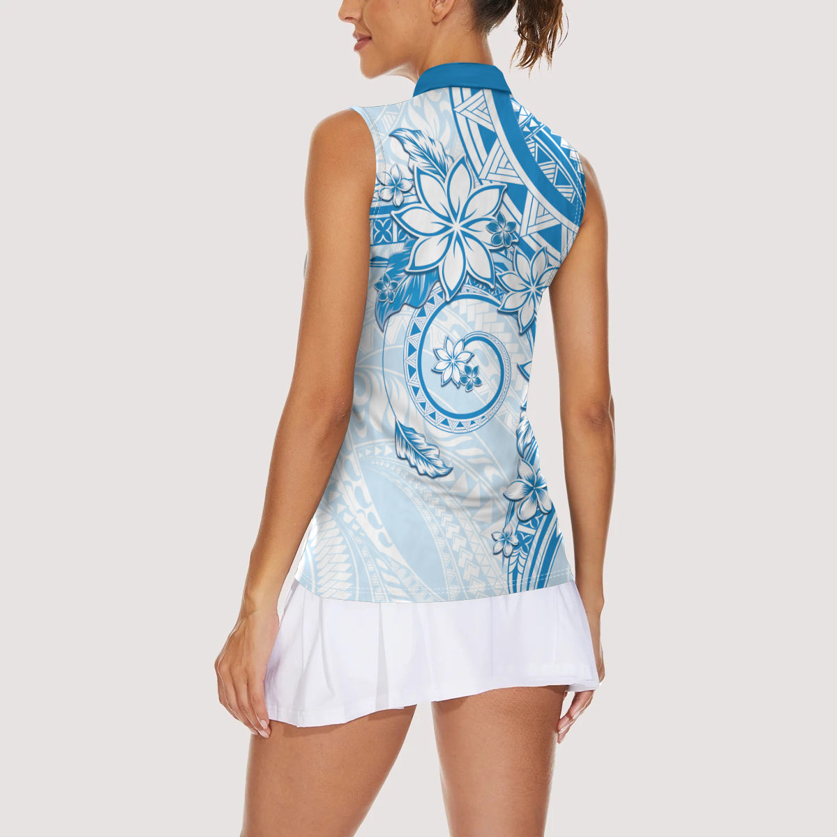 Polynesian Pattern With Plumeria Flowers Women Sleeveless Polo Shirt Blue