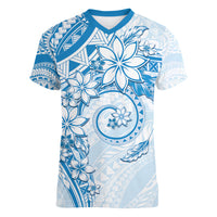Polynesian Pattern With Plumeria Flowers Women V-Neck T-Shirt Blue