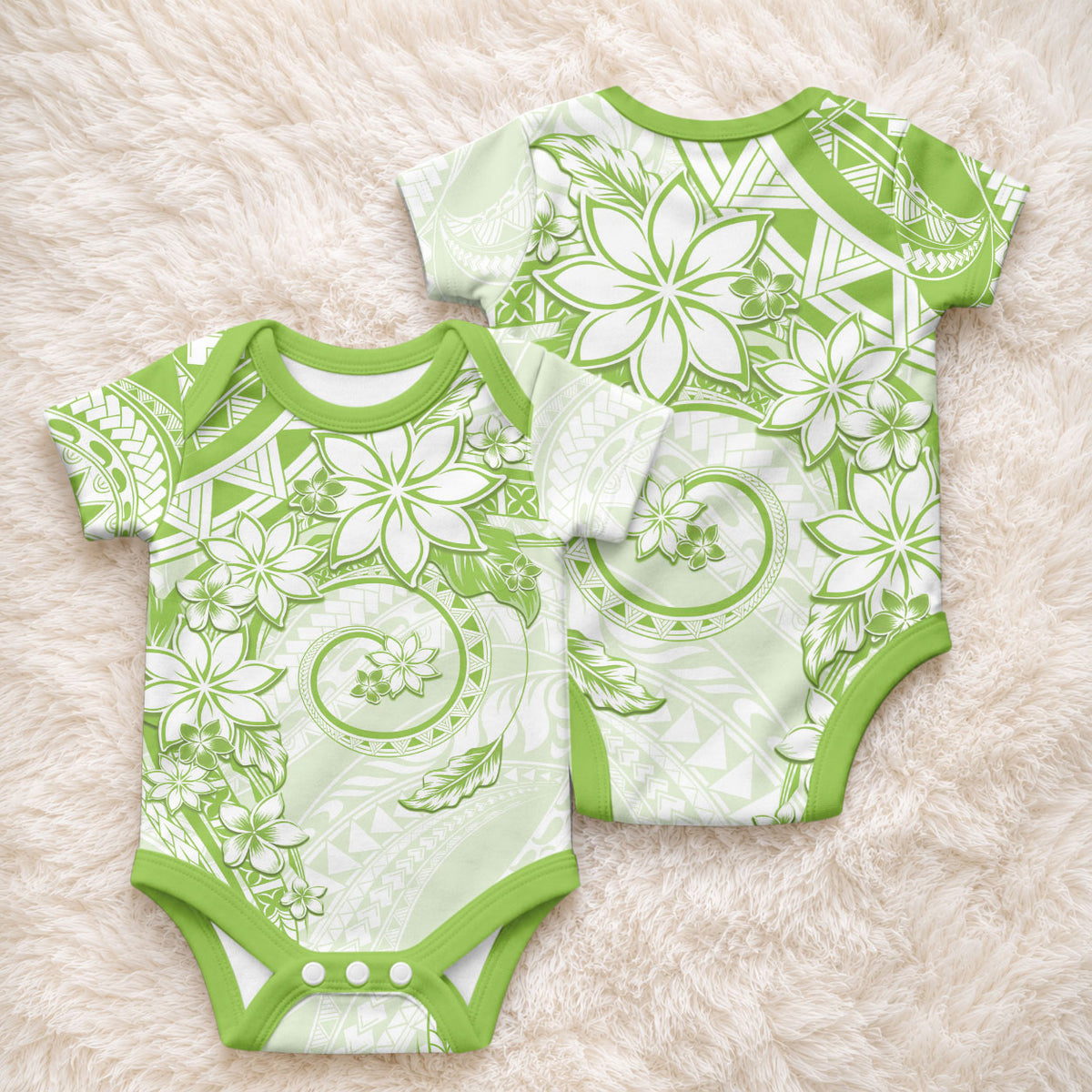 Polynesian Pattern With Plumeria Flowers Baby Onesie Lime Green LT05 - Polynesian Pride