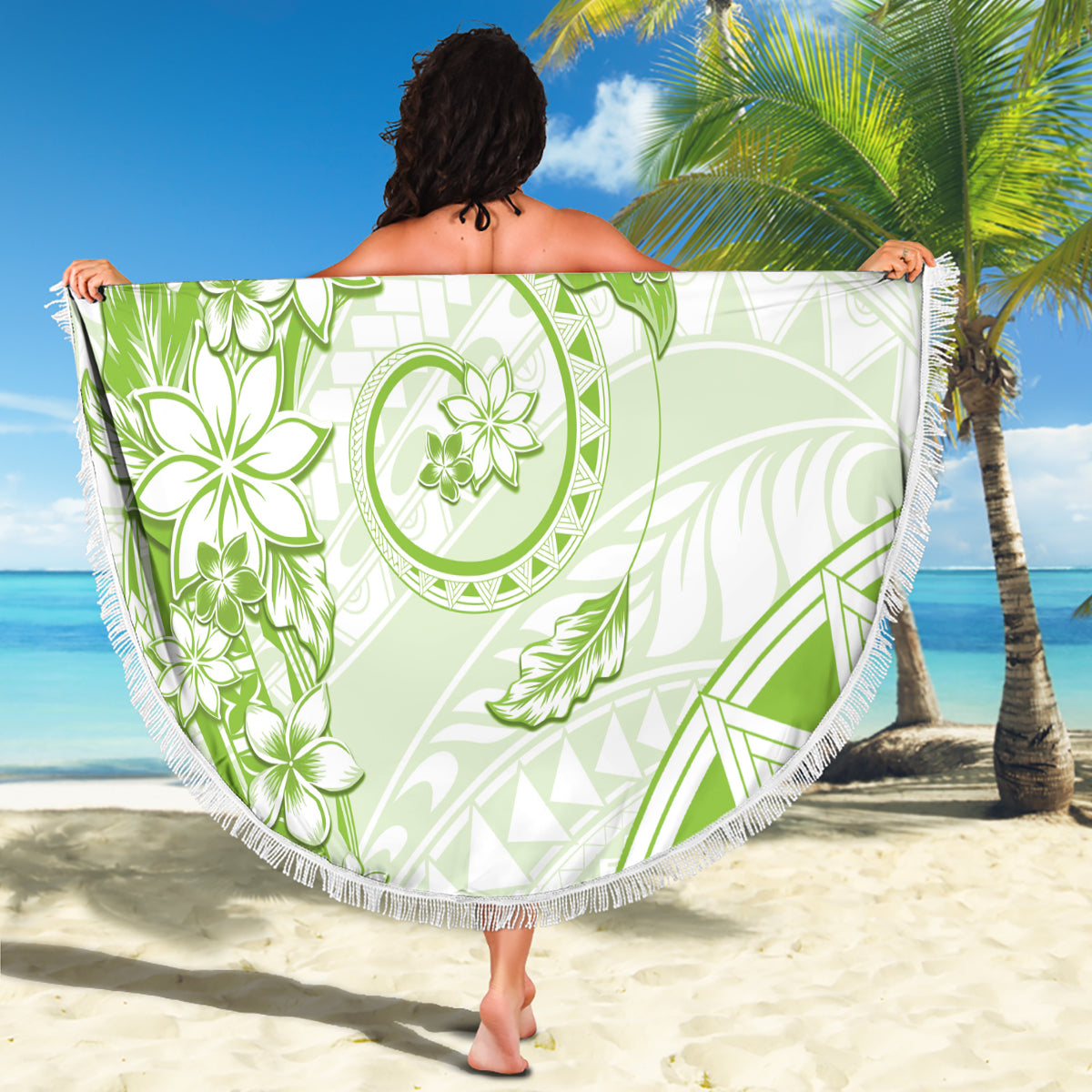 Polynesian Pattern With Plumeria Flowers Beach Blanket Lime Green