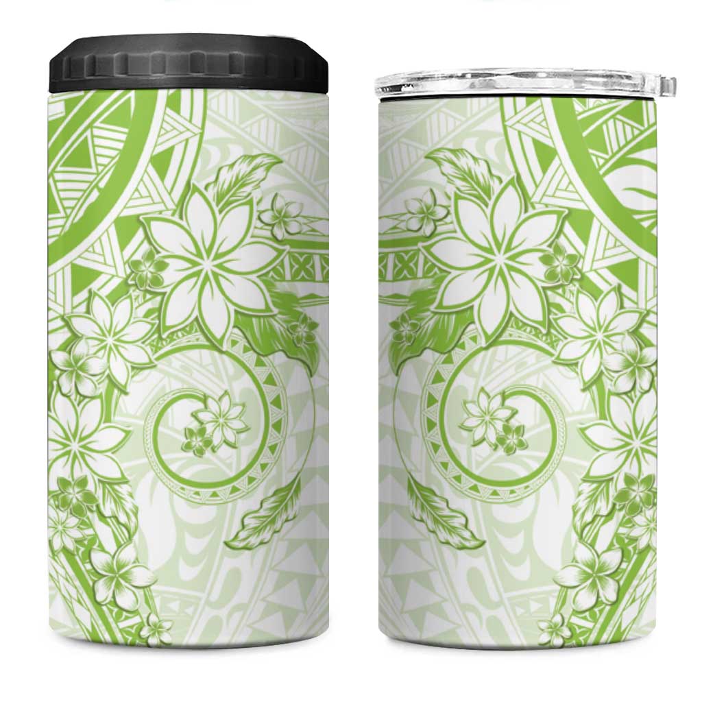 Lime Green Polynesian Pattern With Plumeria Flowers 4 in 1 Can Cooler Tumbler