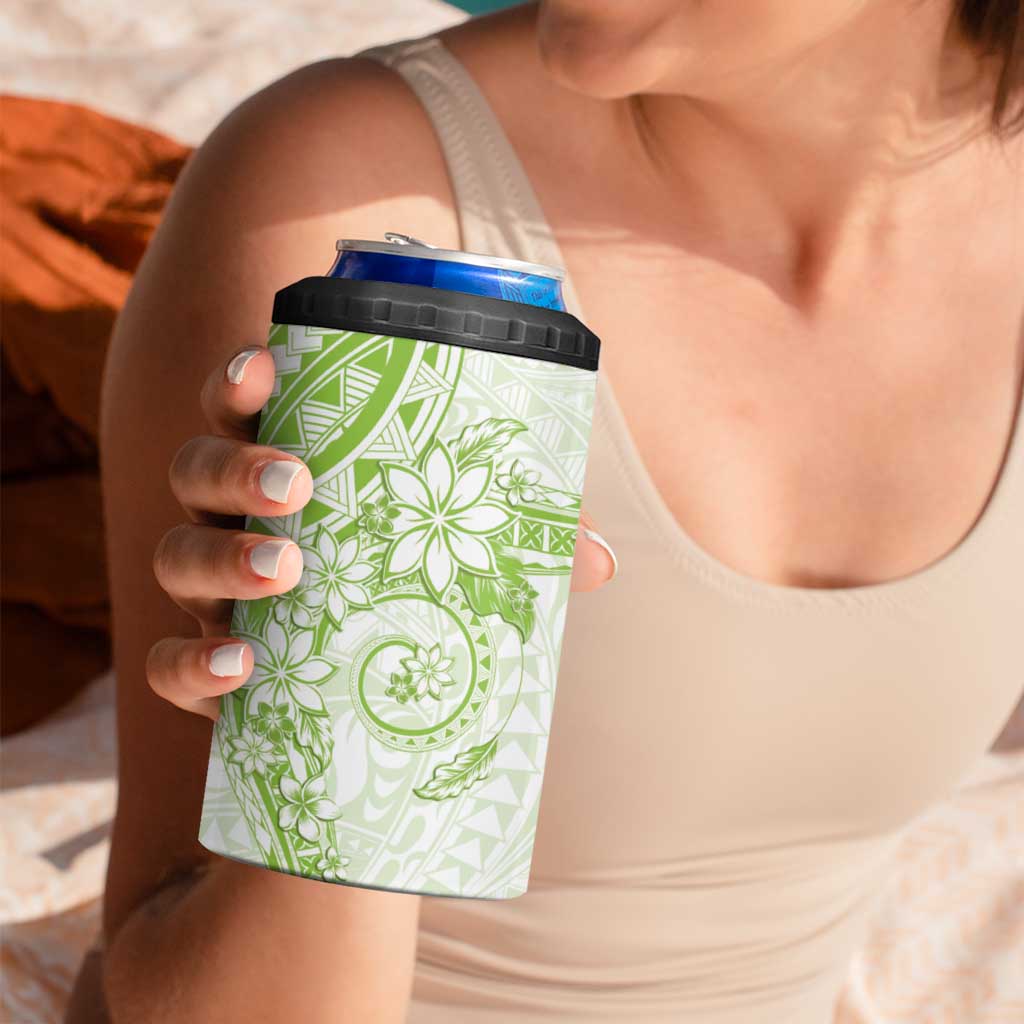 Lime Green Polynesian Pattern With Plumeria Flowers 4 in 1 Can Cooler Tumbler