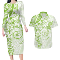Polynesian Pattern With Plumeria Flowers Couples Matching Long Sleeve Bodycon Dress and Hawaiian Shirt Lime Green LT05 Lime Green - Polynesian Pride