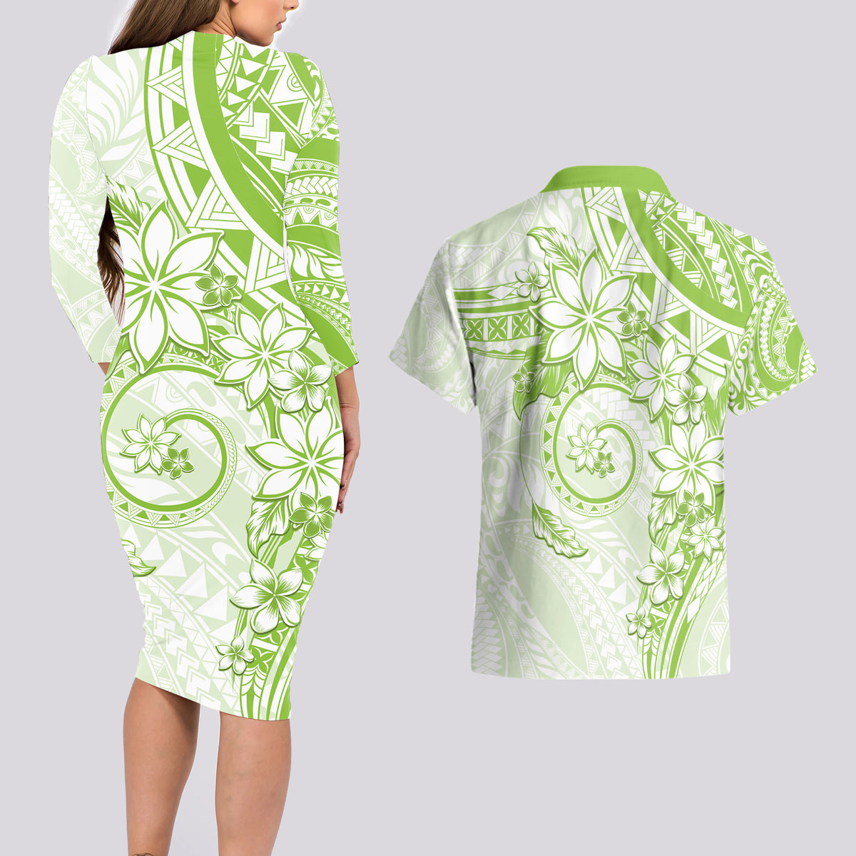 Polynesian Pattern With Plumeria Flowers Couples Matching Long Sleeve Bodycon Dress and Hawaiian Shirt Lime Green LT05 - Polynesian Pride
