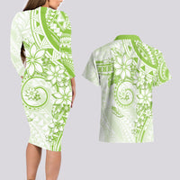Polynesian Pattern With Plumeria Flowers Couples Matching Long Sleeve Bodycon Dress and Hawaiian Shirt Lime Green LT05 - Polynesian Pride