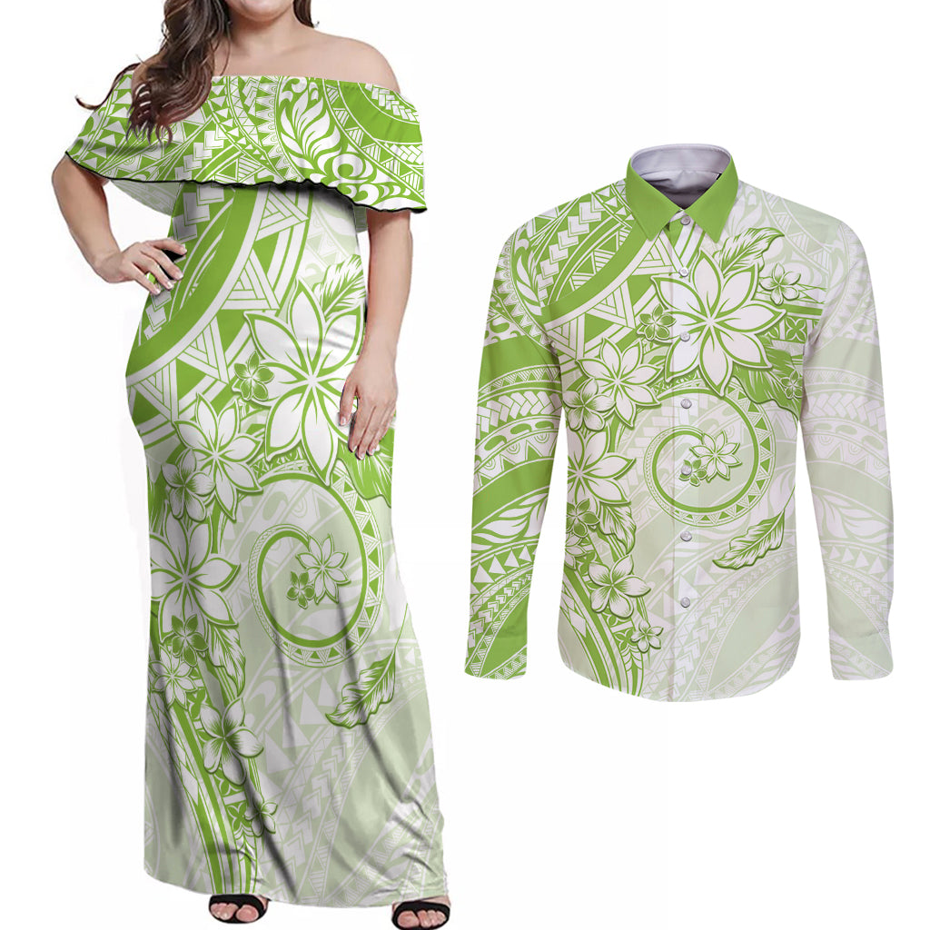 Polynesian Pattern With Plumeria Flowers Couples Matching Off Shoulder Maxi Dress and Long Sleeve Button Shirt Lime Green