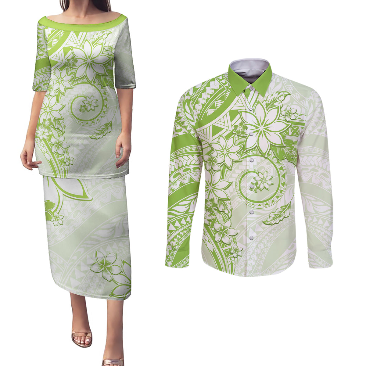 Polynesian Pattern With Plumeria Flowers Couples Matching Puletasi and Long Sleeve Button Shirt Lime Green