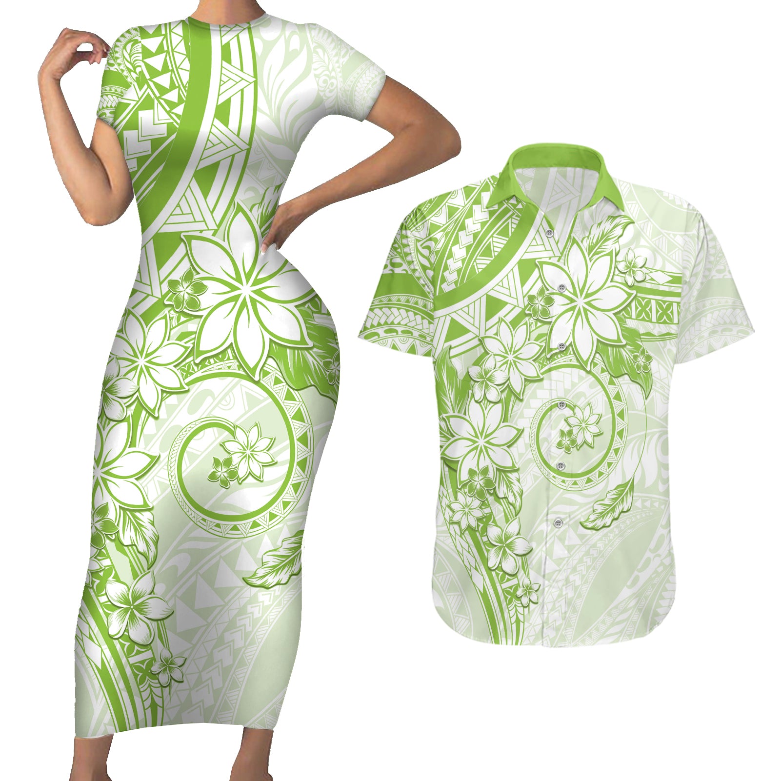 Polynesian Pattern With Plumeria Flowers Couples Matching Short Sleeve Bodycon Dress and Hawaiian Shirt Lime Green