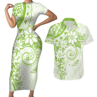 Polynesian Pattern With Plumeria Flowers Couples Matching Short Sleeve Bodycon Dress and Hawaiian Shirt Lime Green LT05 Lime Green - Polynesian Pride