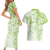 Polynesian Pattern With Plumeria Flowers Couples Matching Short Sleeve Bodycon Dress and Hawaiian Shirt Lime Green LT05 - Polynesian Pride
