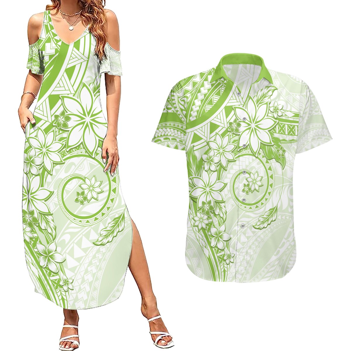 Polynesian Pattern With Plumeria Flowers Couples Matching Summer Maxi Dress and Hawaiian Shirt Lime Green