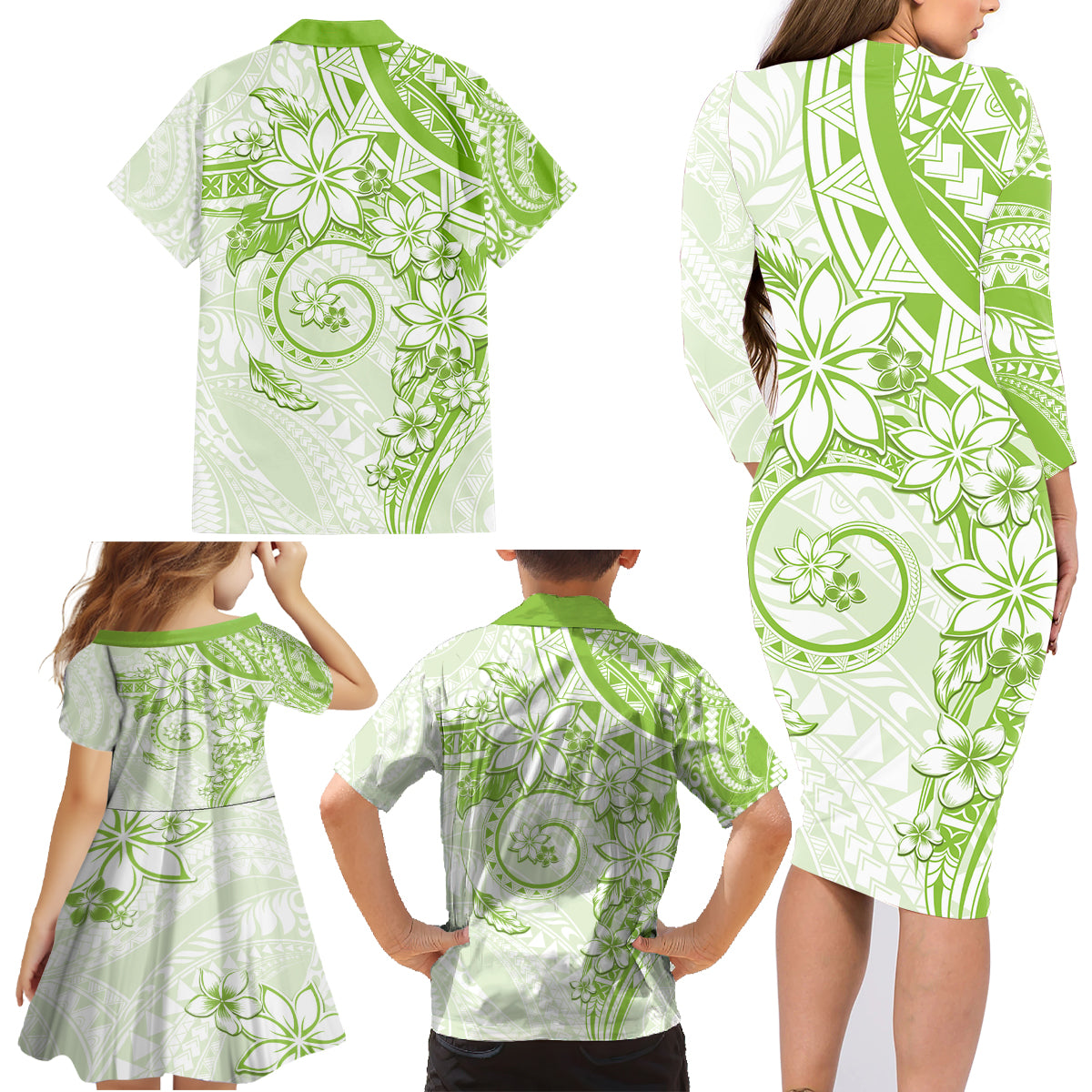 Polynesian Pattern With Plumeria Flowers Family Matching Long Sleeve Bodycon Dress and Hawaiian Shirt Lime Green