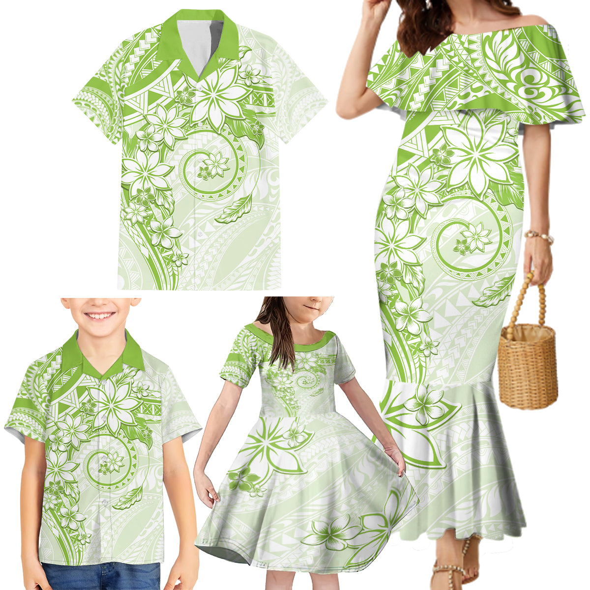 Polynesian Pattern With Plumeria Flowers Family Matching Mermaid Dress and Hawaiian Shirt Lime Green