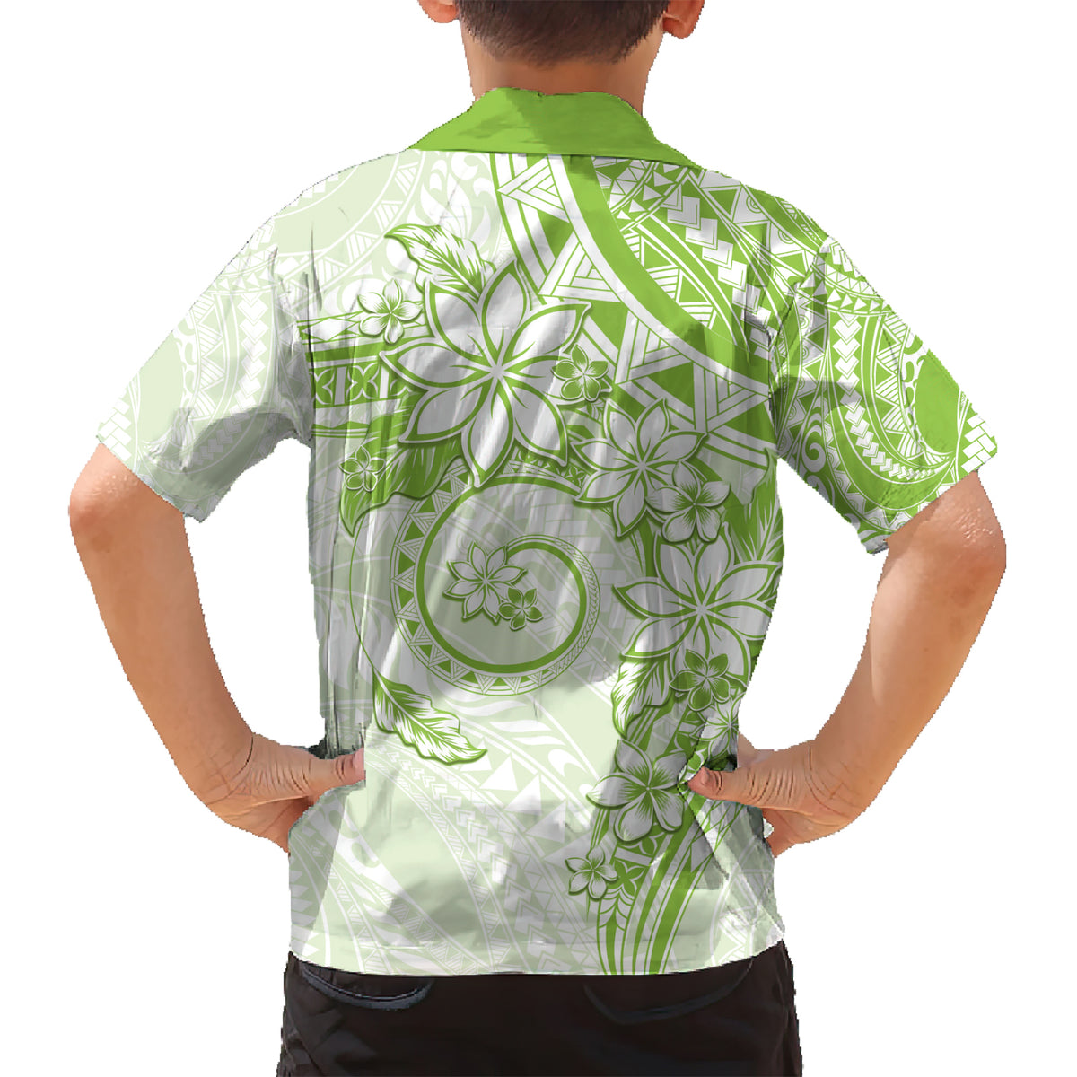 Polynesian Pattern With Plumeria Flowers Family Matching Short Sleeve Bodycon Dress and Hawaiian Shirt Lime Green LT05 - Polynesian Pride
