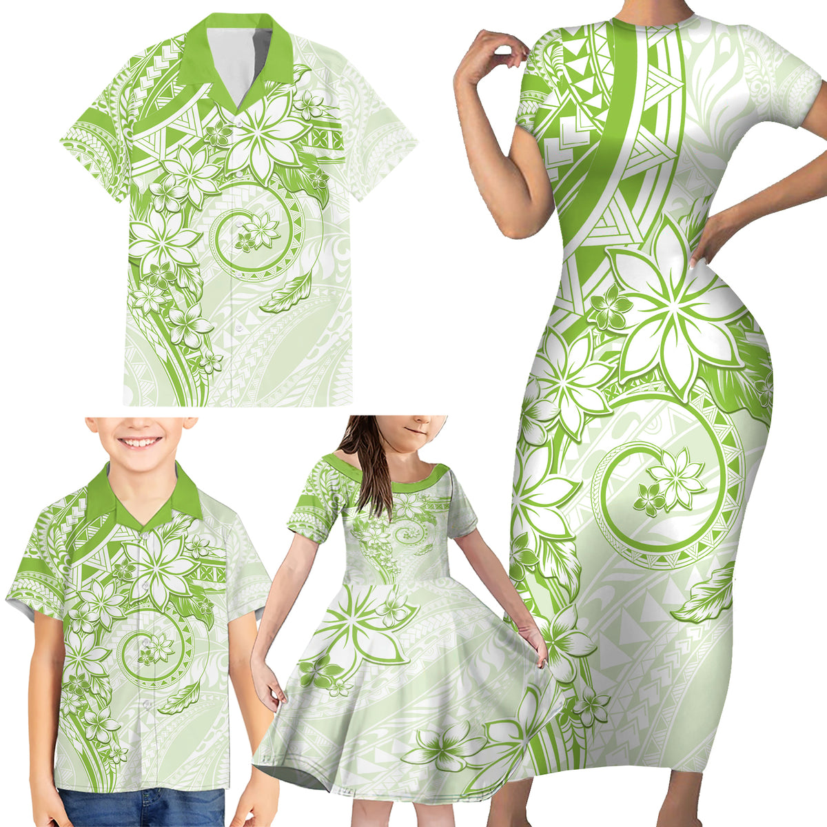 Polynesian Pattern With Plumeria Flowers Family Matching Short Sleeve Bodycon Dress and Hawaiian Shirt Lime Green LT05 - Polynesian Pride
