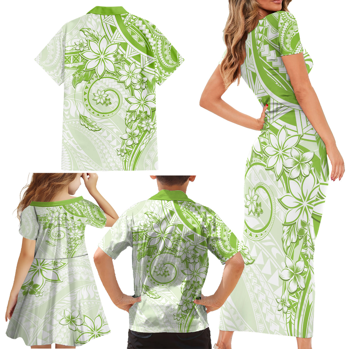 Polynesian Pattern With Plumeria Flowers Family Matching Short Sleeve Bodycon Dress and Hawaiian Shirt Lime Green LT05 - Polynesian Pride