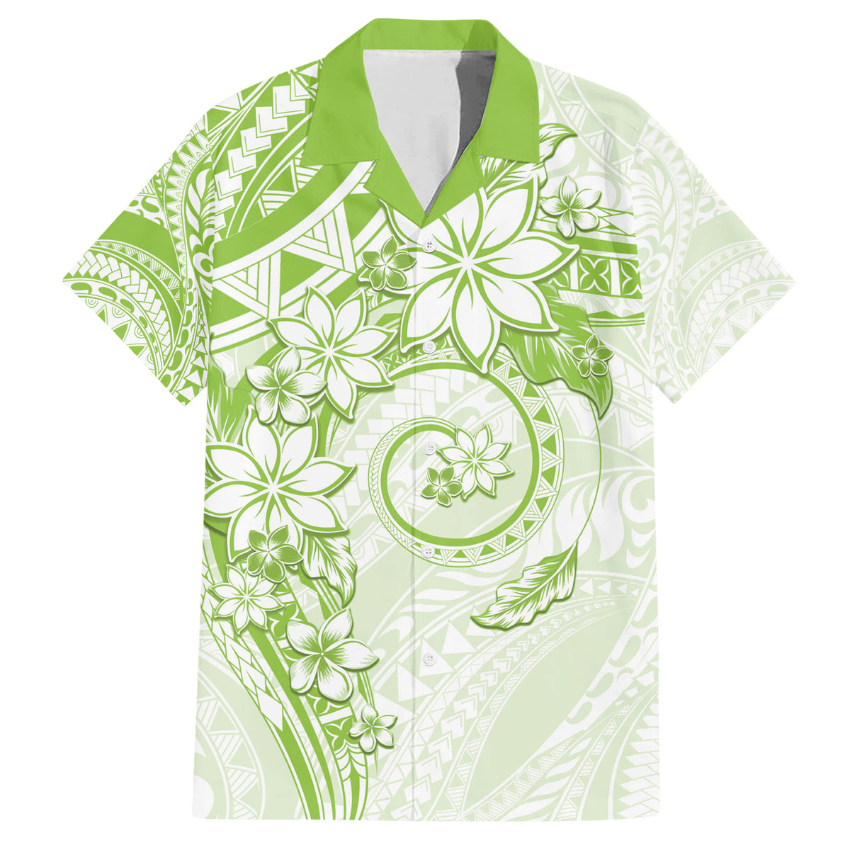 Polynesian Pattern With Plumeria Flowers Family Matching Short Sleeve Bodycon Dress and Hawaiian Shirt Lime Green LT05 Dad's Shirt - Short Sleeve Lime Green - Polynesian Pride