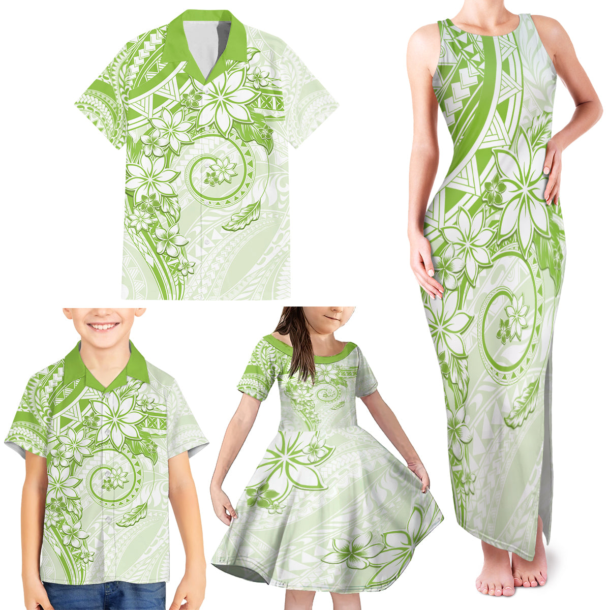 Polynesian Pattern With Plumeria Flowers Family Matching Tank Maxi Dress and Hawaiian Shirt Lime Green