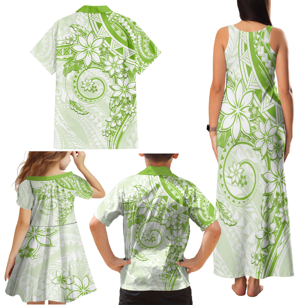 Polynesian Pattern With Plumeria Flowers Family Matching Tank Maxi Dress and Hawaiian Shirt Lime Green