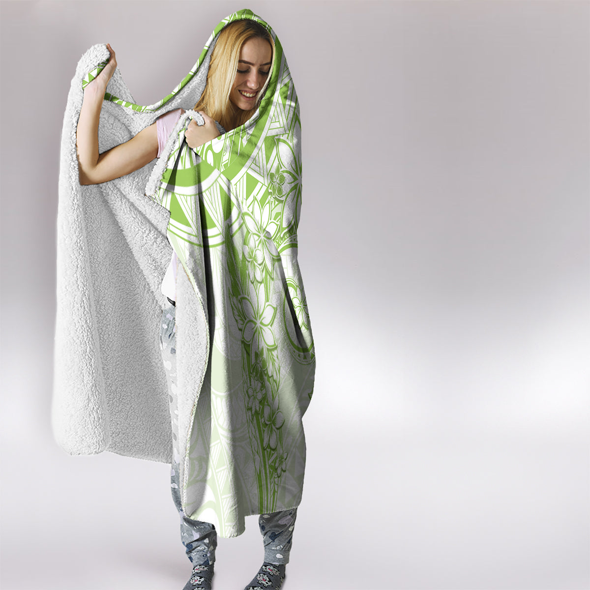 Polynesian Pattern With Plumeria Flowers Hooded Blanket Lime Green