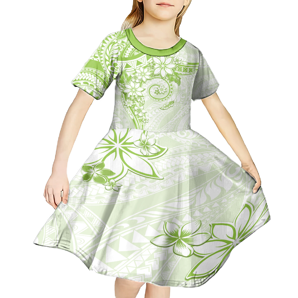 Polynesian Pattern With Plumeria Flowers Kid Short Sleeve Dress Lime Green