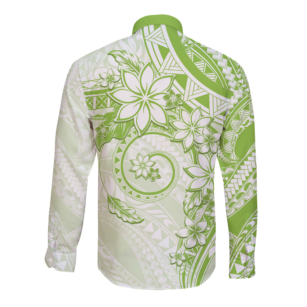 Polynesian Pattern With Plumeria Flowers Long Sleeve Button Shirt Lime Green