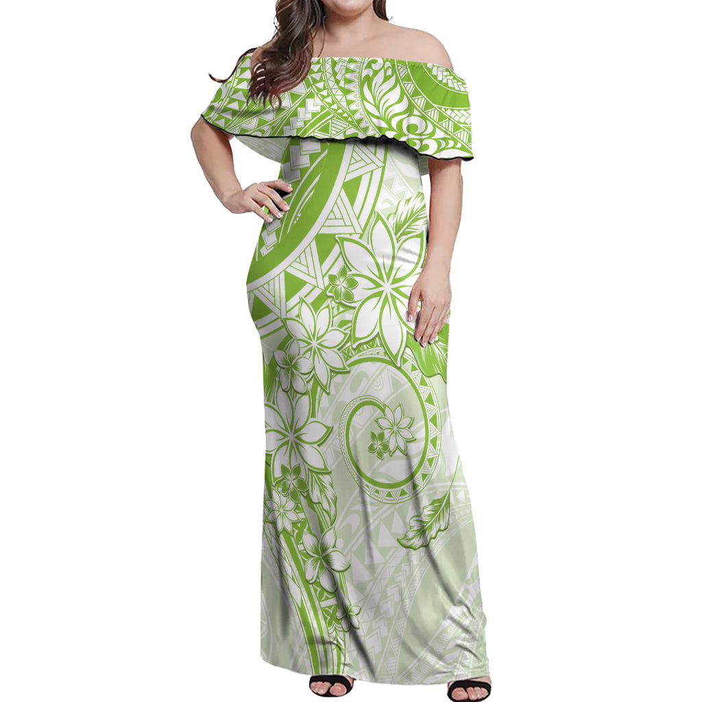 Polynesian Pattern With Plumeria Flowers Off Shoulder Maxi Dress Lime Green