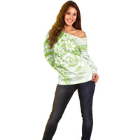 Polynesian Pattern With Plumeria Flowers Off Shoulder Sweater Lime Green