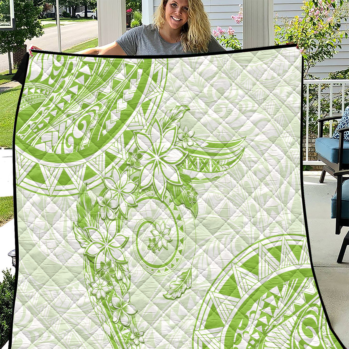 Polynesian Pattern With Plumeria Flowers Quilt Lime Green LT05 Lime Green - Polynesian Pride