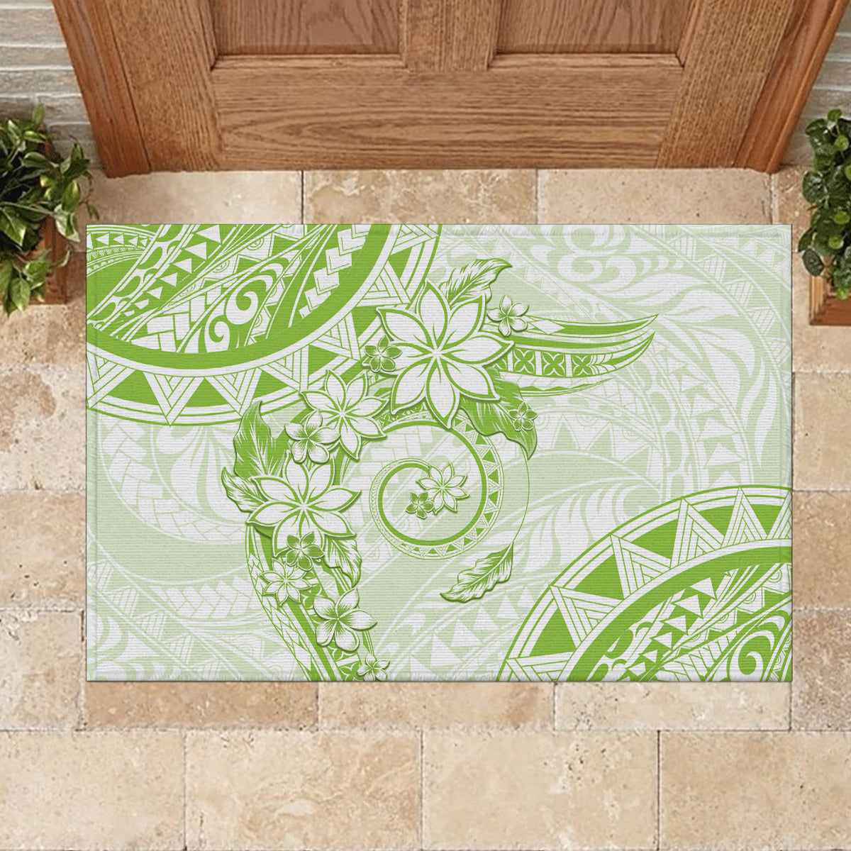 Polynesian Pattern With Plumeria Flowers Rubber Doormat Lime Green